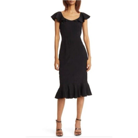 Chelsea28 Black Midi Dress M Medium Off Shoulder Ruffled Washable - Picture 1 of 12